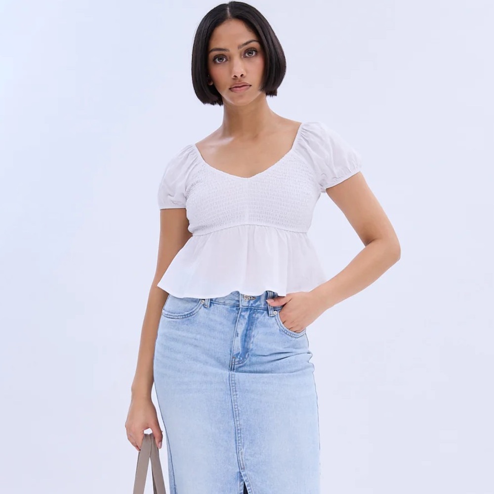 Aeropostale Smocked Cap Sleeve Peplum Top White